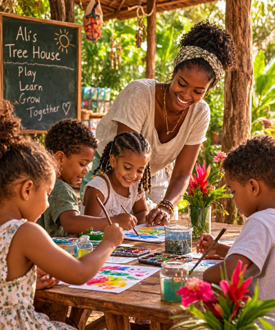 Supplied Ali’s Treehouse photograph of children creating art with a teacher